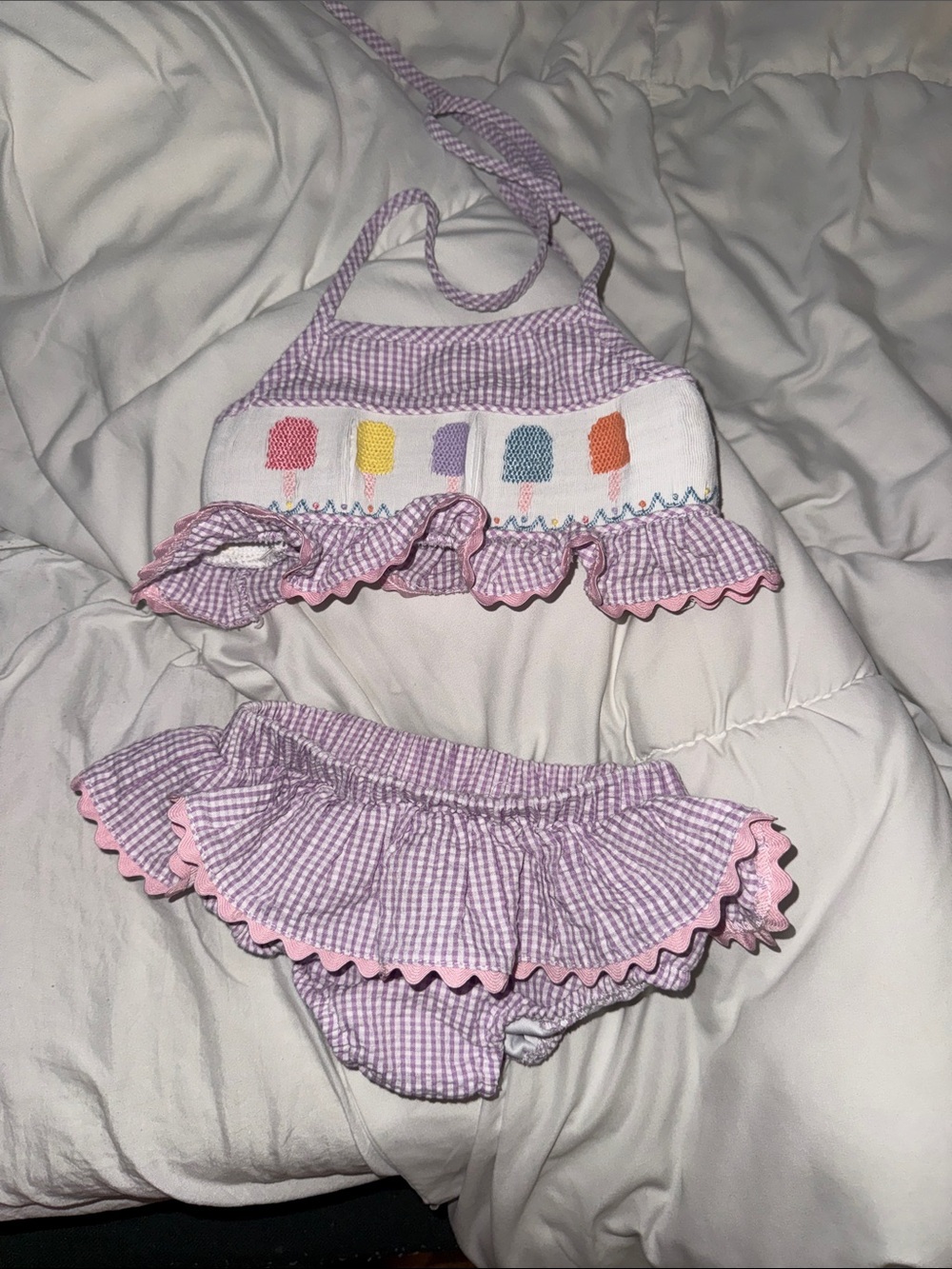 Girls' Lilac Gingham Ruffle Bikini with Popsicle Embroidery